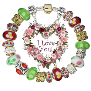 Valentine gifts European Silver Green & Red Charm Beaded Bracelets Jewelry (GQ21)