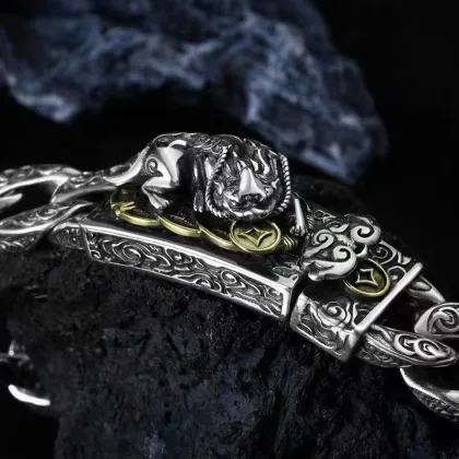 925 Sterling Silver Pixiu Bracelet - Retro Men's Trendy Handicraft Thai Silver Chain