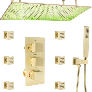 Brushed Gold Rainfall Shower System Ceiling Mount LED Shower Combo Set