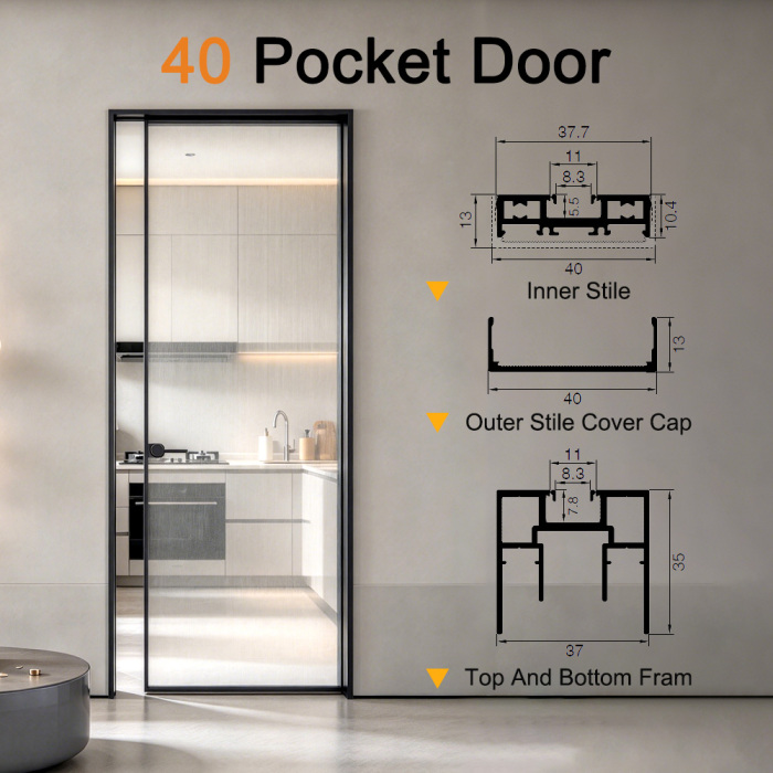 Алюмініевы профіль міжпакаёвых дзвярэй Perfect System 40 Pocket Dor Slim