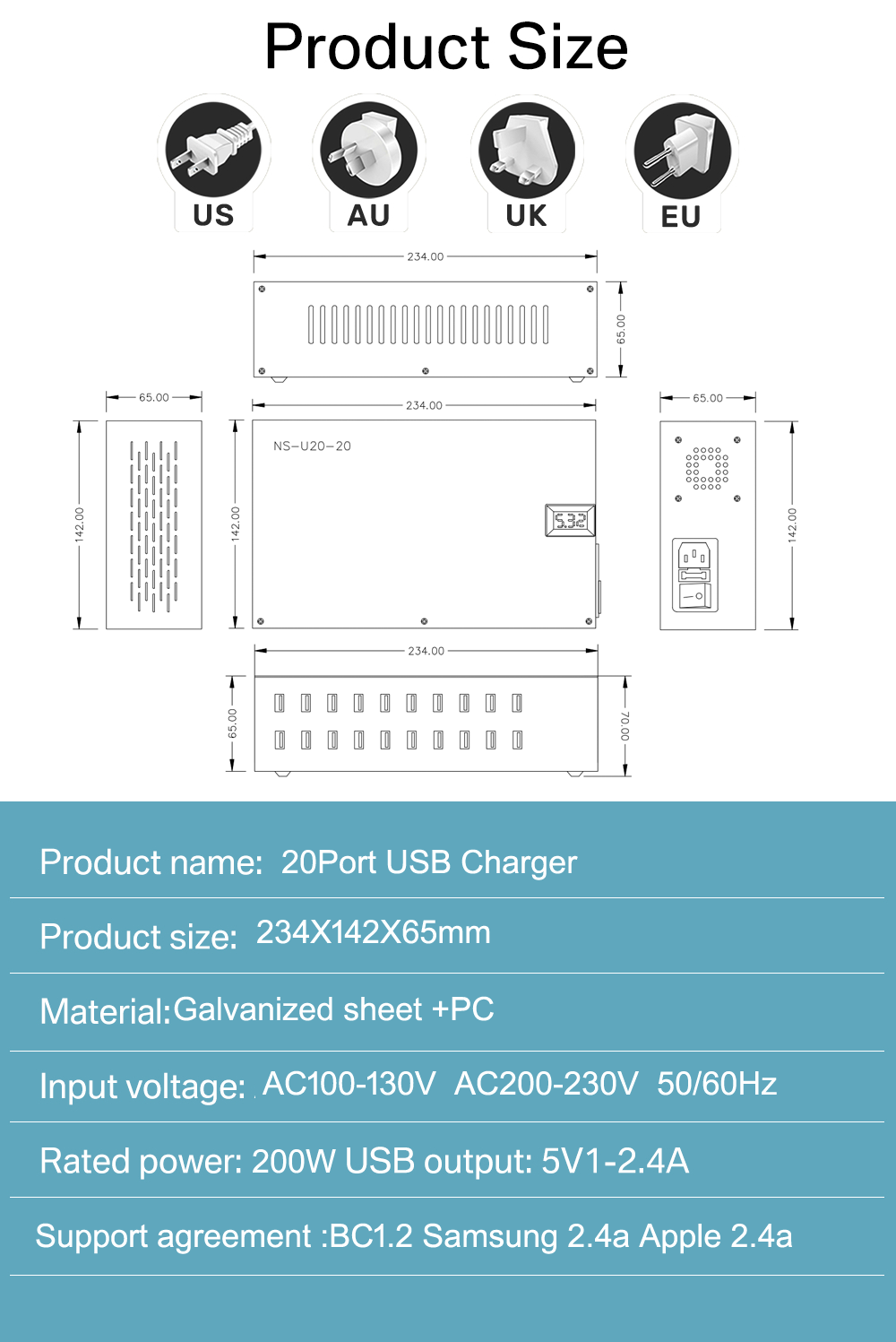 20-PORT USB FAST CHARGER Product size 20-PORT USB FAST CHARGER Product size