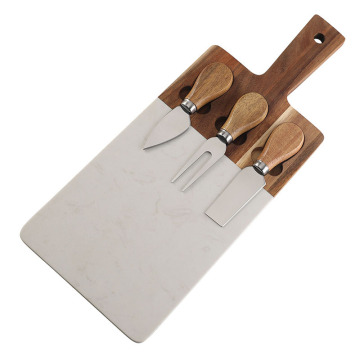 Rectangular Marble and Acacia Wood Cheese Board Set with Kitchen Gadgets and Cheese Knife