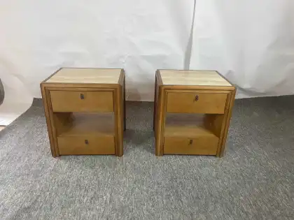 Mid-Century Modern Travertine Top Wooden Nightstand