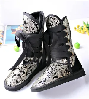With tie leather female long winter boots