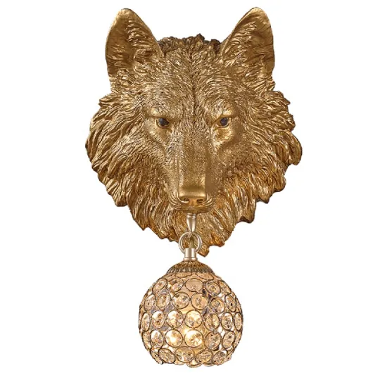 Antique Indian Wolf Head: Golden Animal Wall Lamp and Black Wall Decor