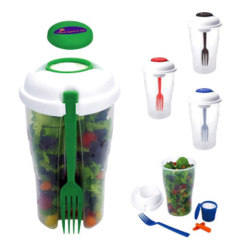 PP Plastic Frosted Clear Cup with White Lid, Built-in Sauce Pot, and 3-in-1 Fork Salad Shake Cereal Container