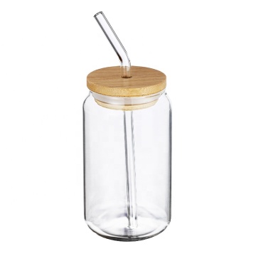 High Quality Heat Resistant Borosilicate Juice Glass Cup with Bamboo Lid and Straw