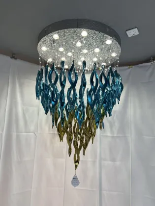 Mission Style Blue and Gold Stained Glass Chandelier