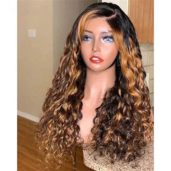 Natrual Black Blonde Highlights Wig Mix Color Deep Wave Curly Pre Plucked HD Transparent Lace Front Raw Virgin Human Hair Wigs