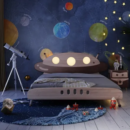 Wooden Spaceship Lighted Headboard Kids Furniture Bed for Children