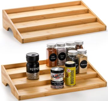 Bamboo and Wood 3-Layer Trays for Spice Organizers and Kitchen Storage