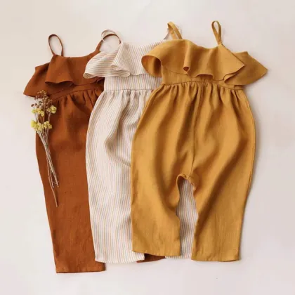 Summer Children's Cotton and Linen Ruffled Jumpsuits for Baby Girls: Flutter Linen Bubble Rompers & Sling Jumpsuits