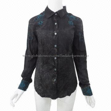 Women's shirt, 100% cotton, garment snow wash workmanship, with embroidery/diamond accessories