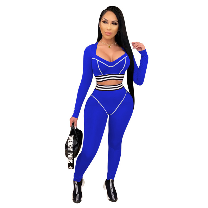 New Fashion Women Long Sleeve Striped Patchwork Tracksuit