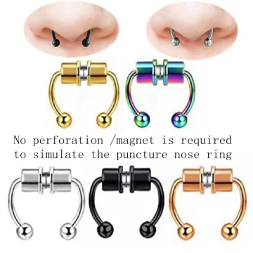 Nose ring horseshoe hoop false nose ring magnetic diaphragm stainless steel artificial non perforated clip type colorful jewelry