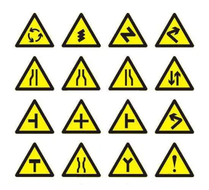 Triangular warning signs narrows down crossroads ahead
