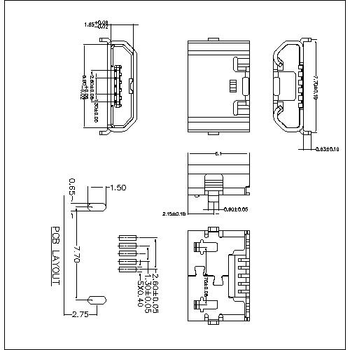 MUFM27 27-MICRO USB 5P FEMALE OFFSET 2SHELL DIP 7.7(0.60.9) NO POST NO CURL 