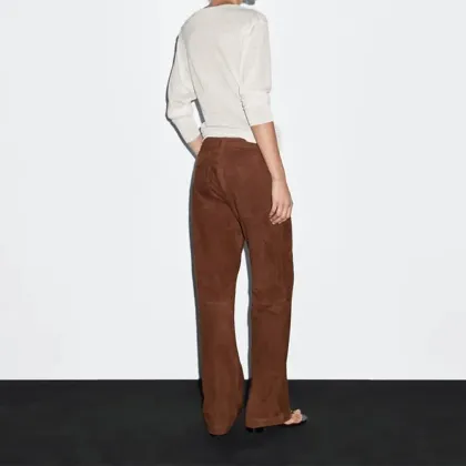 Women's modern style suede leather straight leg pants