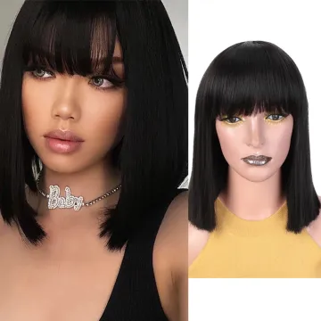 Vigorous Short Black Straight Bob Wig for Black or White Women Synthetic Hair Heat Resistant Wigs with Hair Bangs