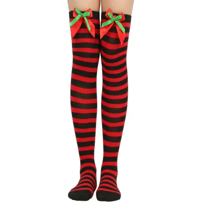 Wholesale Christmas Striped Over Knee Socks with Santa Bow