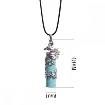 Dragon and Phoenix Pendant Column Pillar Pyrite Natural Gemstone Tribal Ethnic Carved Necklace - Stainless Steel Bail