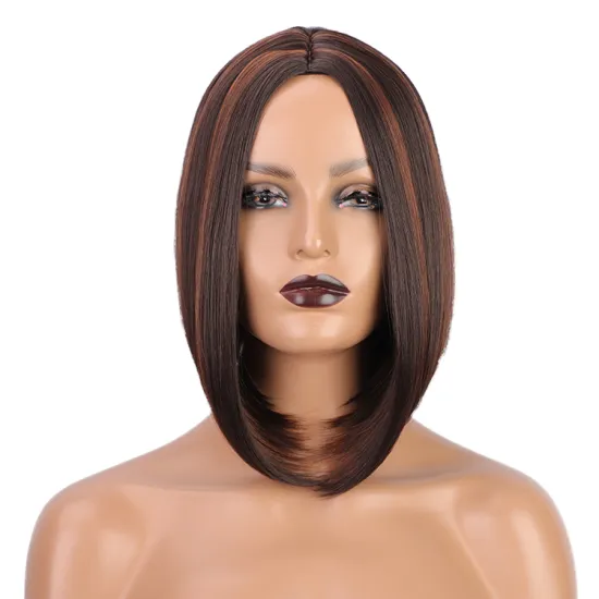 Highlights brown straight short high quality wholesale price black women synthetic hair fiber wigs with none lace