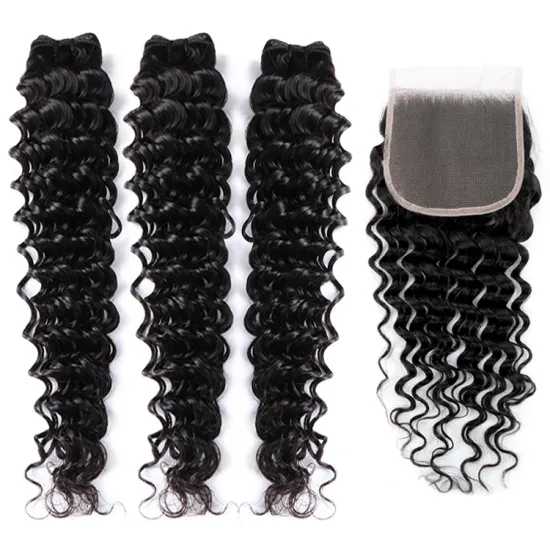 Brazilian Human Hair Bundles 10-38 Inches Deep Curly Hair Bundles Weaves+4x4 Lace Closure Human Hair Weave Vendors