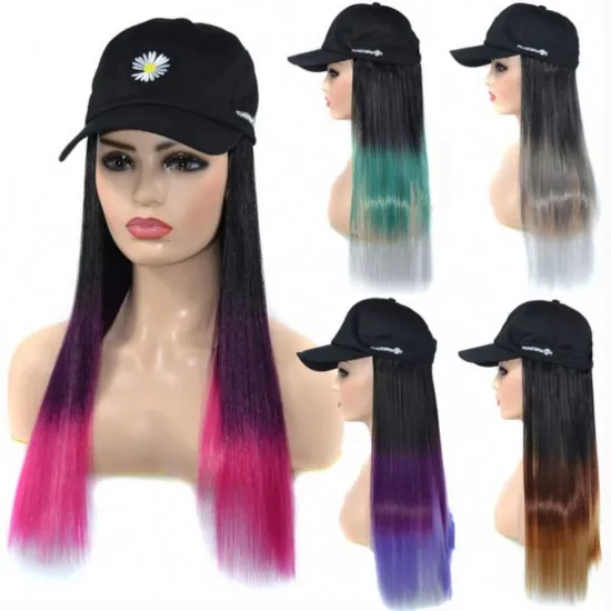 MYZYR Baseball Hat Synthetic Hair Wig Black Brown Color Long Straight hair Extension Wigs with Baseball Black Hat for women