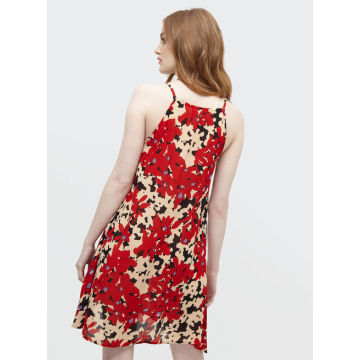 Summer ladies red print suspender dress
