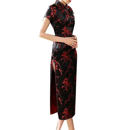 Chinese Traditional Style Women's Silk Pattern Midi Length Printed Dragon and Phoenix Cheongsam Dress