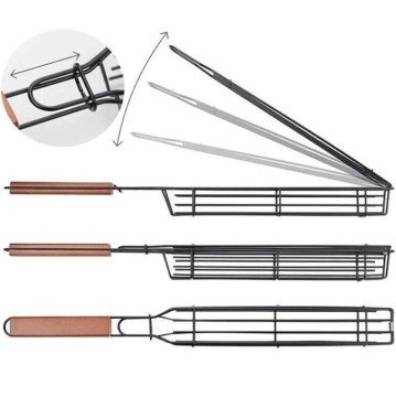 High quality 2023 BBQ Accessories Portable Cube Grilling Basket Outdoor Custom Grill Net With Wood Handle Barbecue Accessories