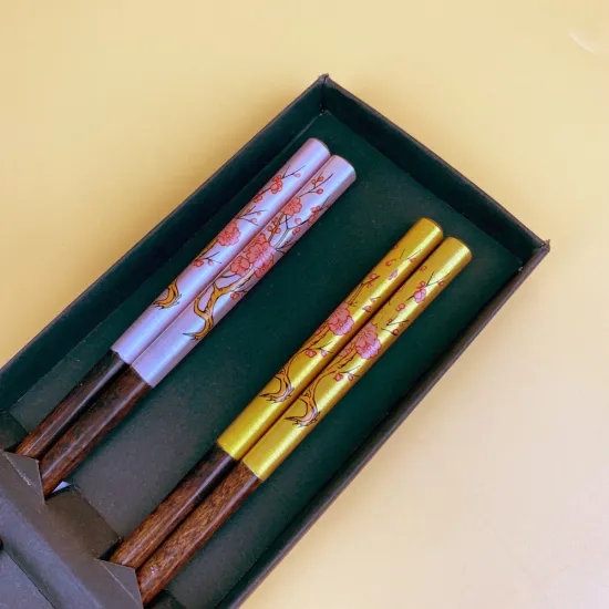 Golden and Pink Flower Pattern Custom Chopstick Set for Couples - Chinese Japanese Sushi Chopsticks