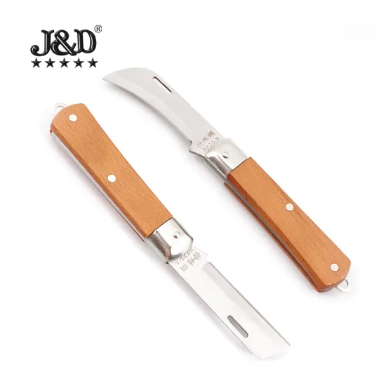 Wooden Handle Electrician's Knife with Folding Straight/Curved Blade and Wire Stripper