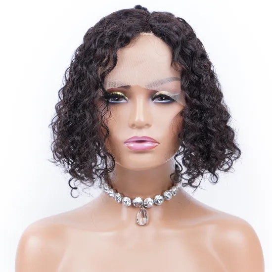 New Arrival Cheap Human Hair Lace Closure T Part Virgin Short Bob 1b Natural Color Curly Wave Indian Hair Wig