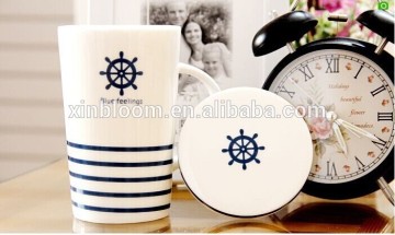 new style retro sailor ceramic coffee mug with lid,fresh lovers cup with cover
