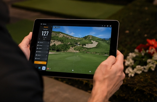 Golfer reviewing golf simulator results and settings on a tablet