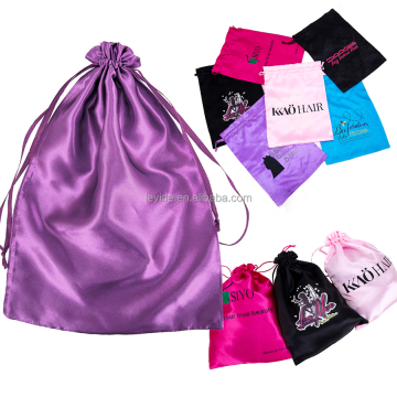 Wholesale Custom logo Printed Drawstring Wrapping Hair Bundles Extension Bag Dust Packaging Jewelry Silk Satin Bag For Wigs Bra