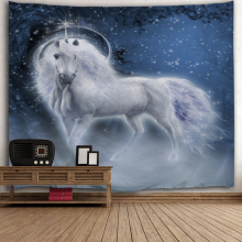Weiße Einhörner-Tapisserie-Galaxie-Wandbehang-tierische blaue Tapisserie für Wohnzimmer-Schlafzimmer-Hauptwohnheim-Dekor