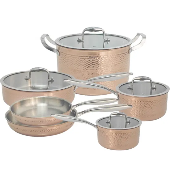 10 Pcs Hammered Stainless Steel 304 Pots and Pans Copper Cookware Set - Wholesale and Retail