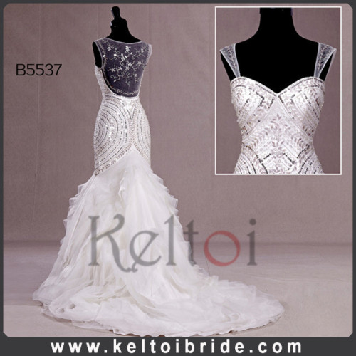 Real samples Long Train Organza Mermaid Suzhou Wedding Dress 2014