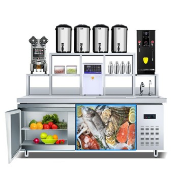 Stainless Steel Dual Temperature Milk Tea and Bubble Tea Equipment Set: Counter, Shaker, and Refrigerated Freezer
