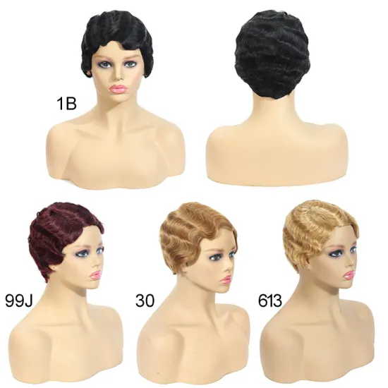 Brazilian Hair Bob Wig No Lace Human Hair 130% Density Machine Made Bob Human Hair Pixie Cut Short Finger Wave Wig None Lace Wig