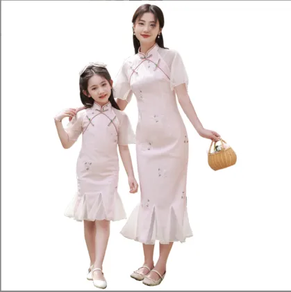 2024 Summer Chinese Style Parent-Child Cheongsam Mesh Dress