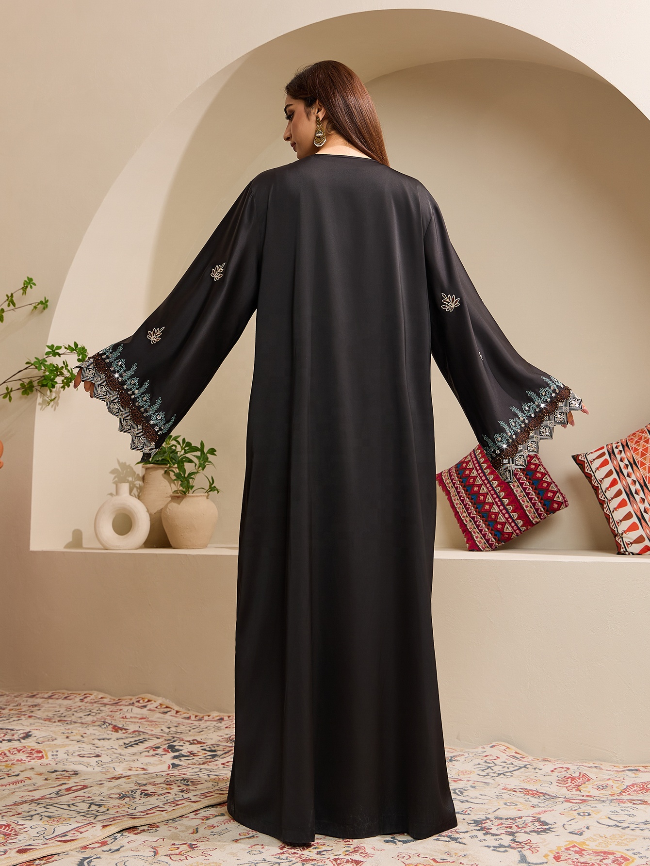 Black Satin Abaya Sleeve Decoration Detail