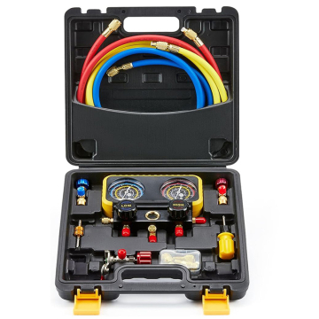 Universal 3 Way AC Gauges Set with R410a and R22 Safety Valves - 3 Hoses