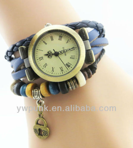 W054 adjustable red wood beads lock charms bracelet watch bracelet leather bracelet watch for women