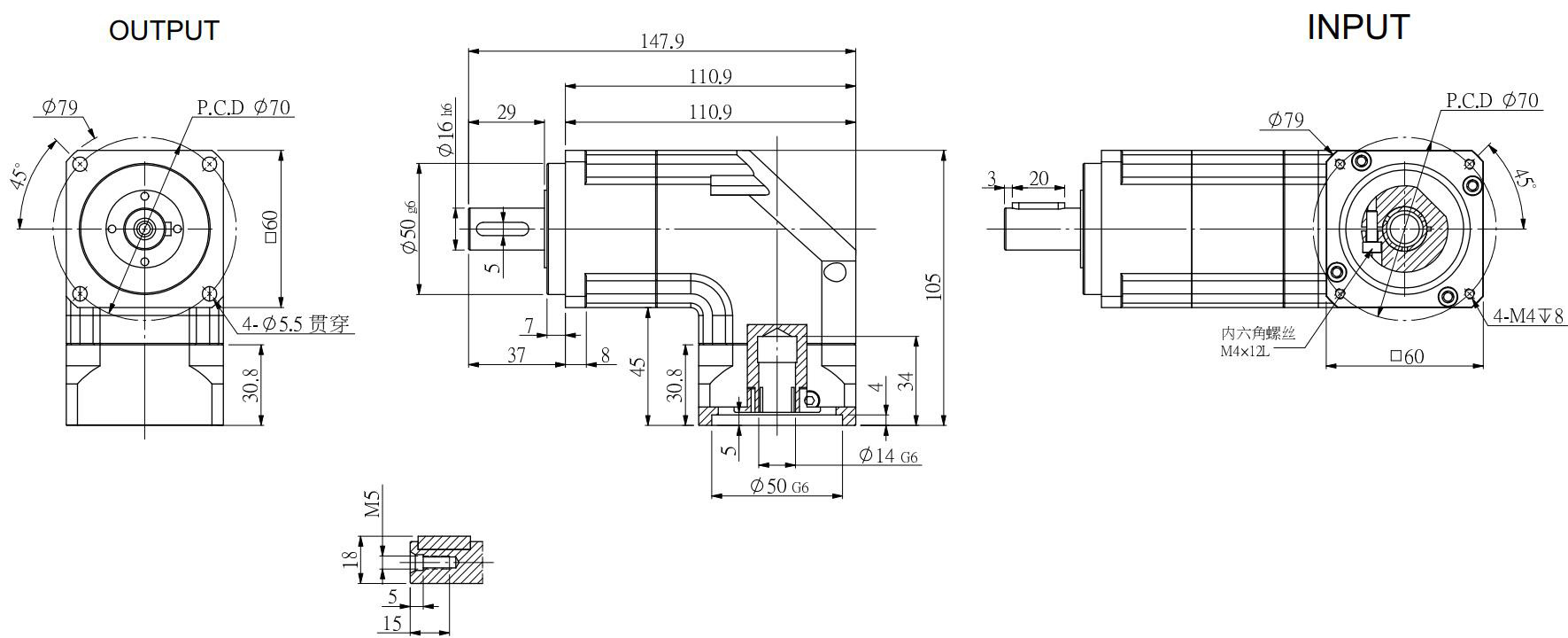 42x60x90x120 Right Angle 90 Degrees Planetary Reducer