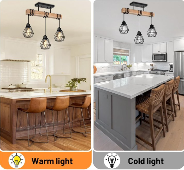 3 - Light Kitchen Island Lighting Pendant Light Fixtures over Table Wood Hanging Lamp with Metal Shades for Dining Table Living Room Hallway (3)