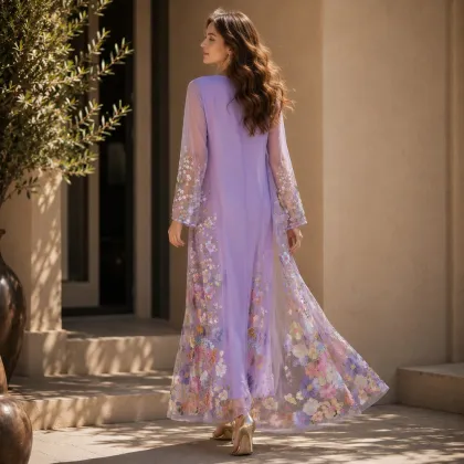 Lilac 3D Floral Mesh Open Abaya Set