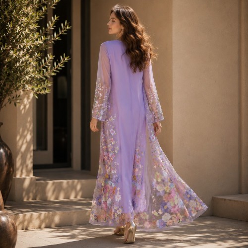 ست لباس سه بعدی مش گل یاس بنفش عبای باز